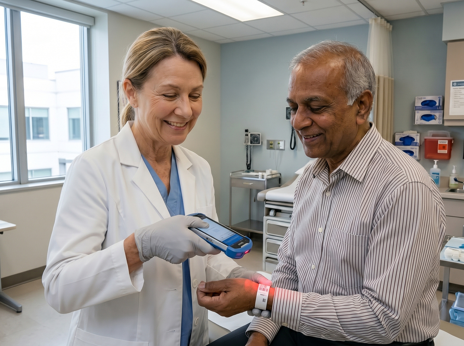 Clinician scanning a patient’s wristband barcode with a Zebra handheld mobile computer in a hospital exam room