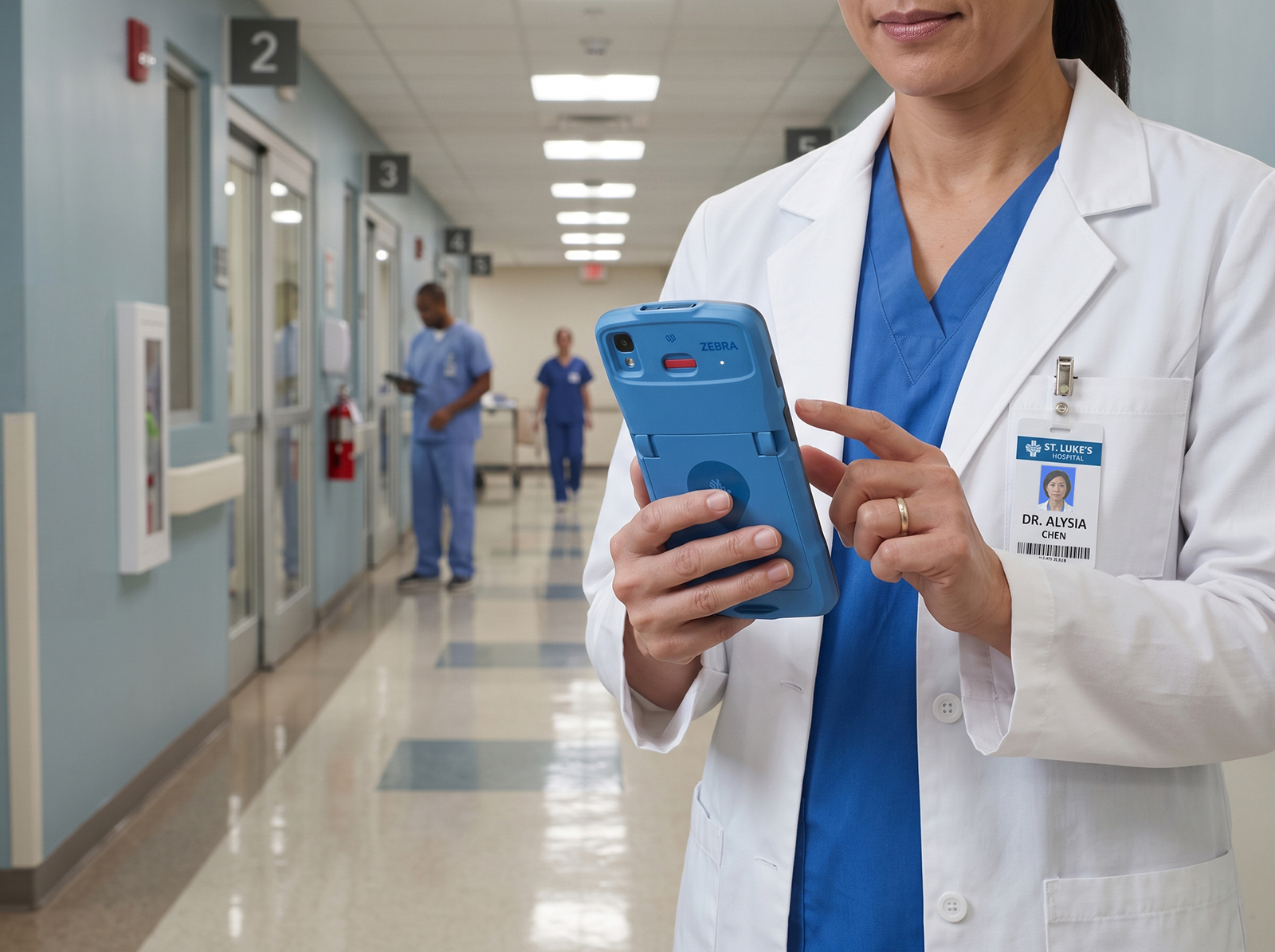 Clinician using a blue Zebra handheld mobile computer in a hospital corridor with care staff in the background