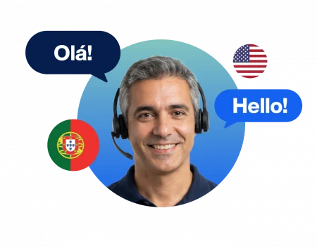 A male Portuguese interpreter with a headset on, translating the word "hello" into "Ola." The flags of Portugal and the United States are also featured.